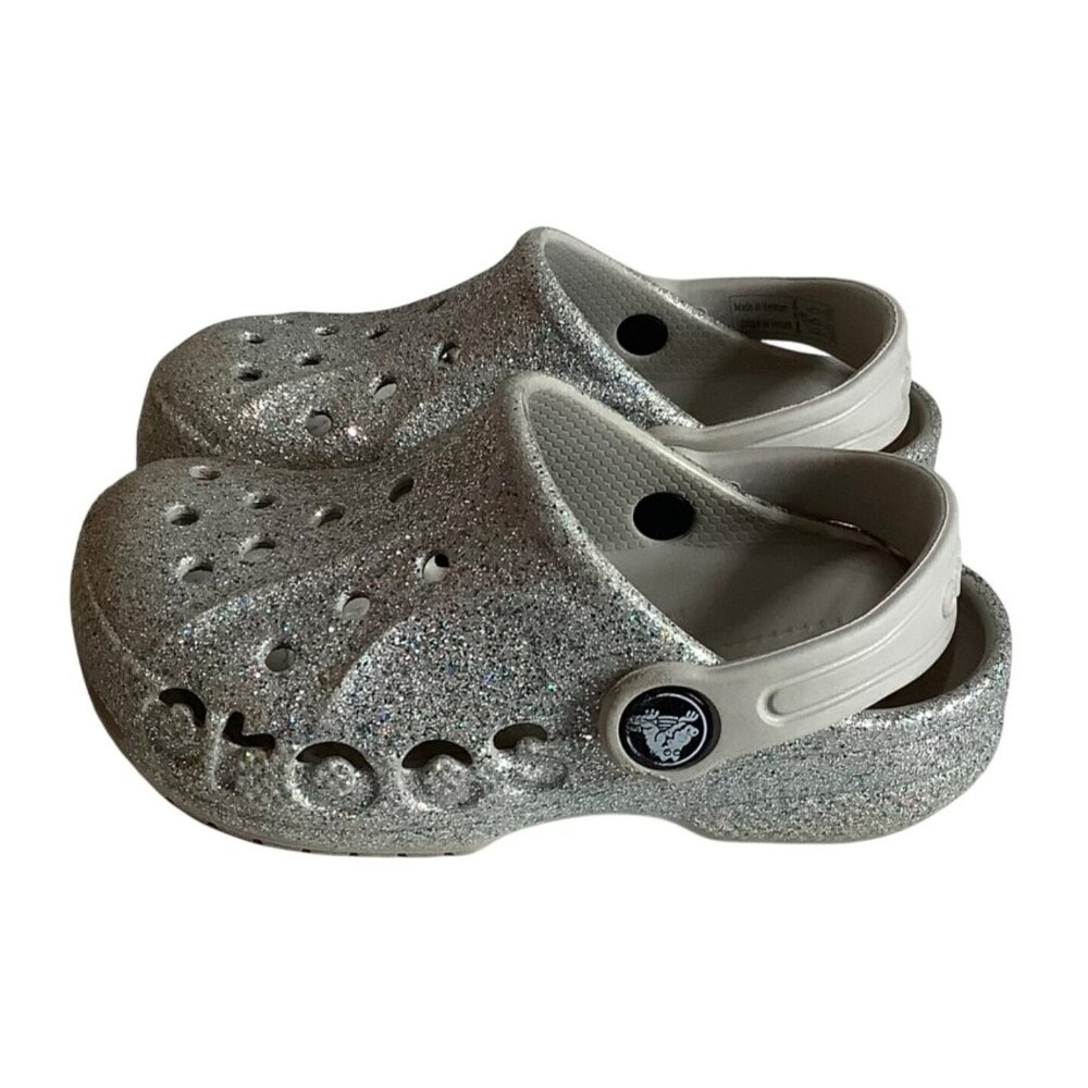 Crocs Baya Silver Glitter Clogs Back Strap Girl Sz 9 Iconic Comfort Logo Cutout